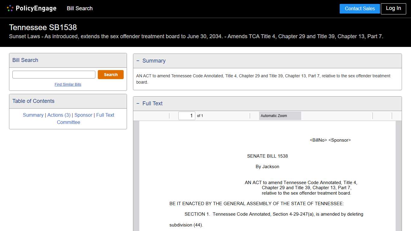 SB1538 Tennessee 2025-2026 Sunset Laws - As introduced, extends the sex offender treatment board to June 30, 2034. - Amends TCA Title 4, Chapter 29 and Title 39, Chapter 13, Part 7. - Legislative Tracking PolicyEngage